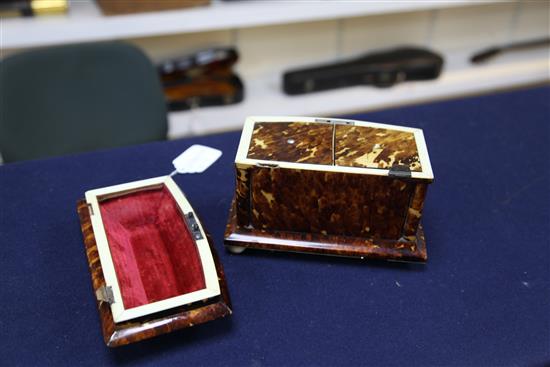 An early Victorian mother of pearl inlaid tortoiseshell tea caddy, 7in.